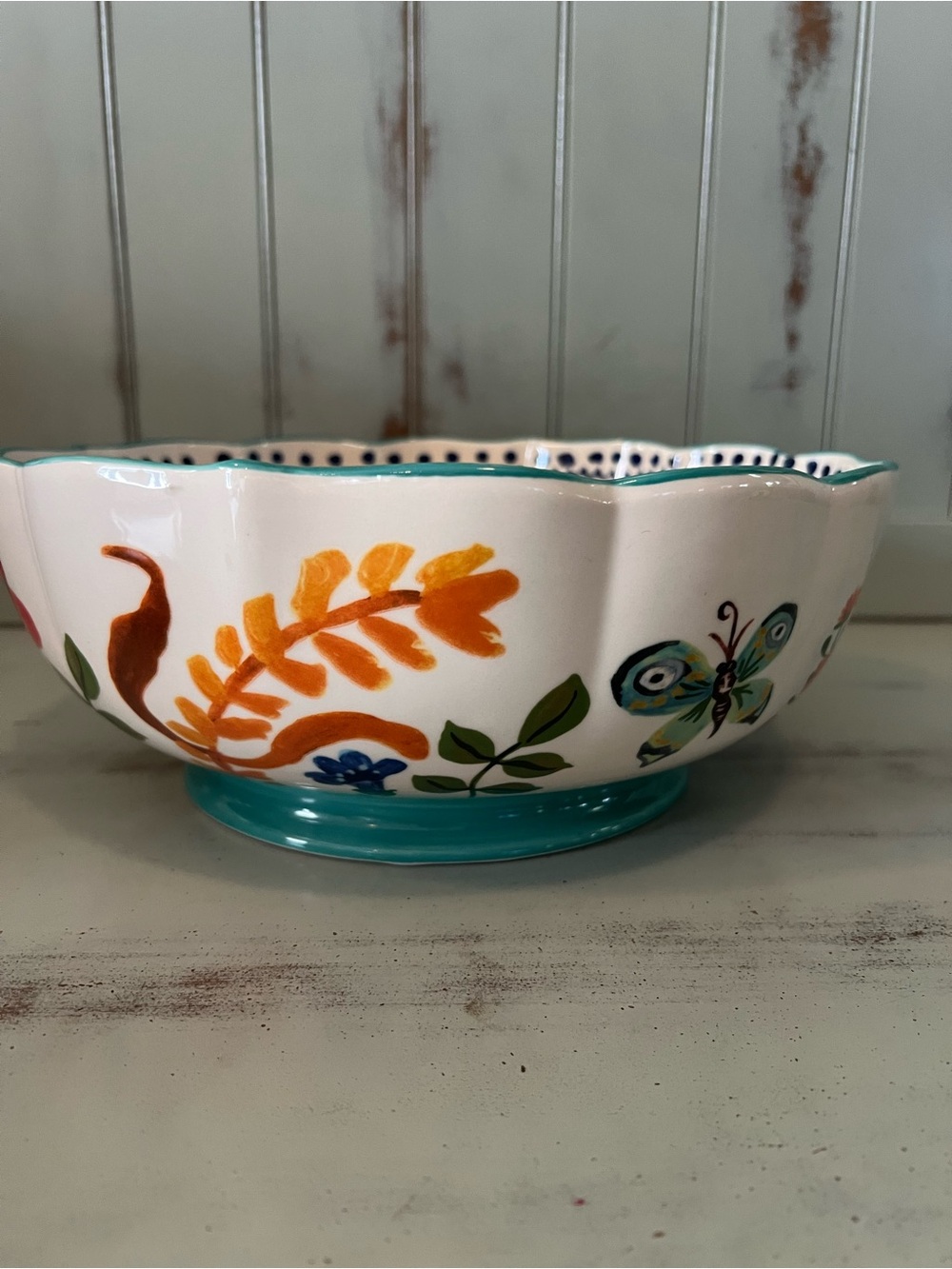 Nathalie Lete Hand-Painted Scalloped Floral Ceramic Serving Bowl - Picture 3 of 9